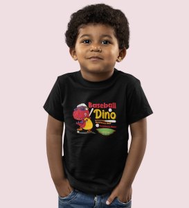 Baseballer Dino, Boys Round Neck Blended Cotton Tshirt
